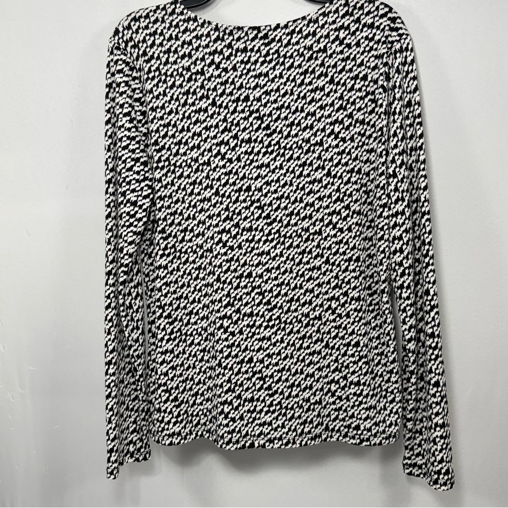 Houndstooth V-Neck Tahari Black White Stretch Knit Blouse Size L Large - Picture 3 of 8